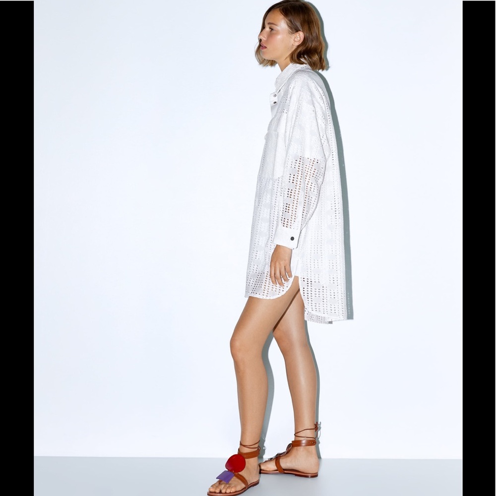 🤍 ZARA White Oversized Embroidered Shirt Dress Tunic